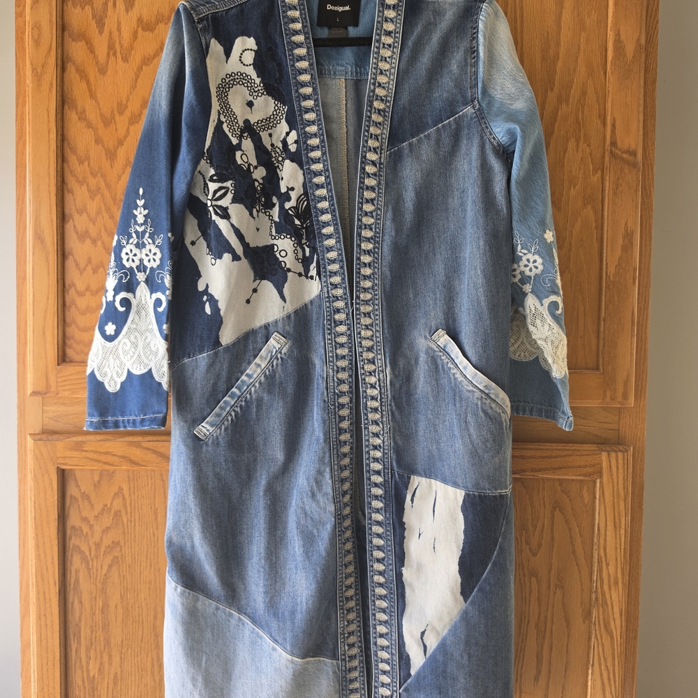Desigual Patchwork Blue Denim Long Jean Jacket - Picture 2 of 16
